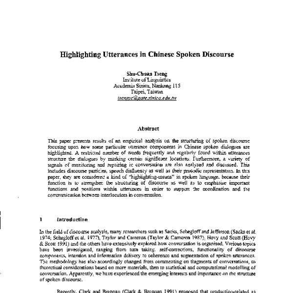 Highlighting Utterances in Chinese Spoken Discourse - ACL Anthology