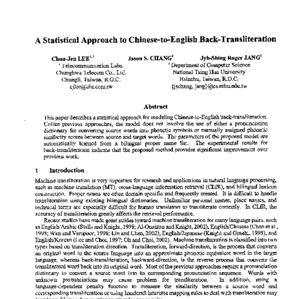A Statistical Approach to Chinese-to-English Back-Transliteration - ACL ...