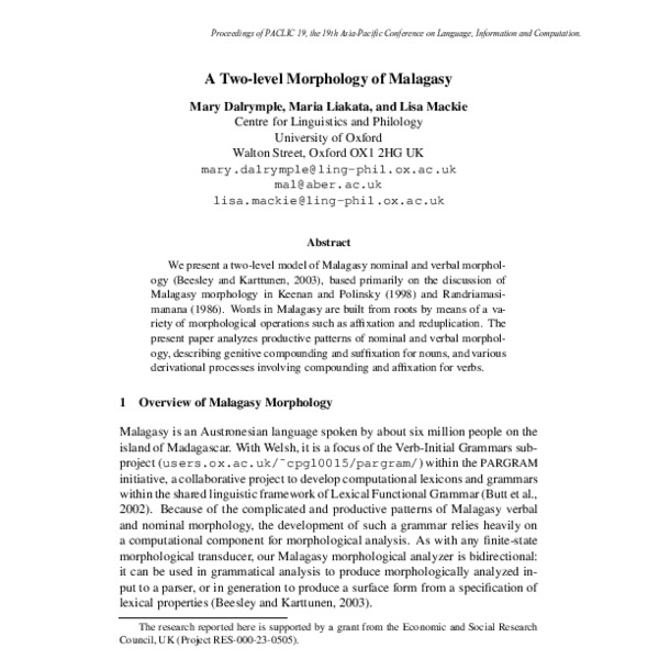A Two-level Morphology of Malagasy - ACL Anthology