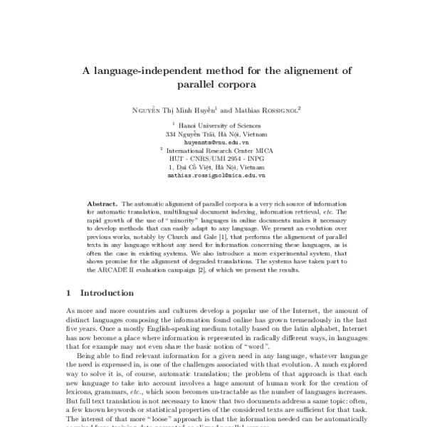 A language-independent method for the alignement of parallel corpora ...