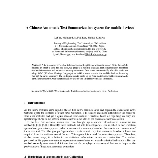 A Chinese Automatic Text Summarization system for mobile devices - ACL ...