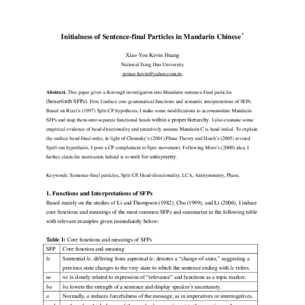 Initialness of Sentence-final Particles in Mandarin Chinese - ACL Anthology