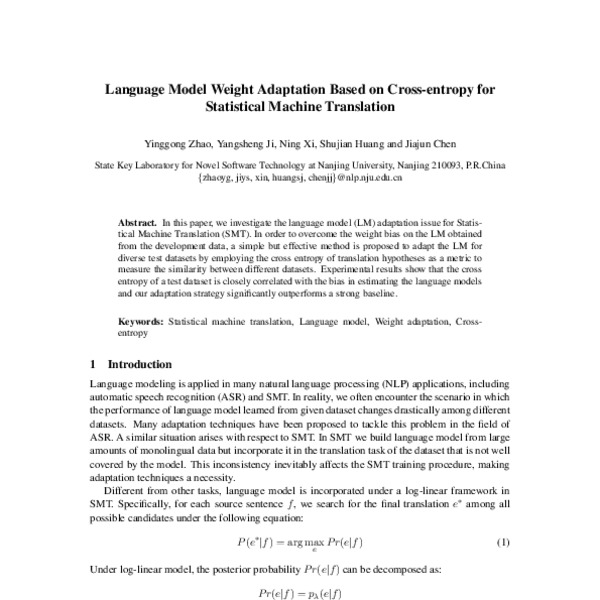 Language Model Weight Adaptation Based on Cross-entropy for Statistical ...
