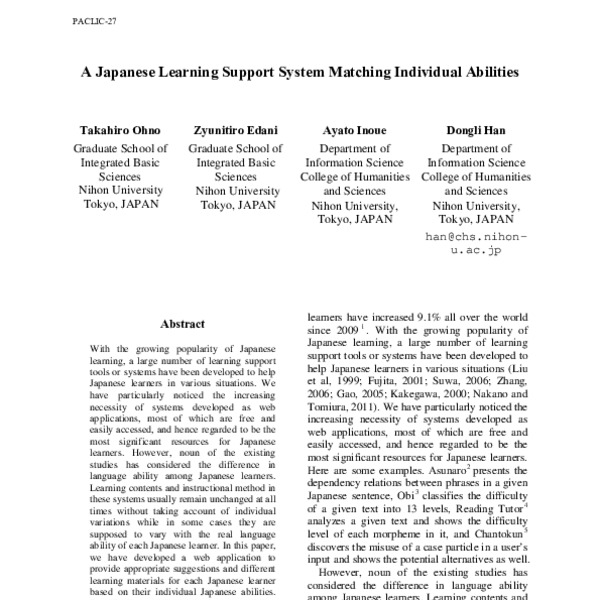 A Japanese Learning Support System Matching Individual Abilities - ACL ...