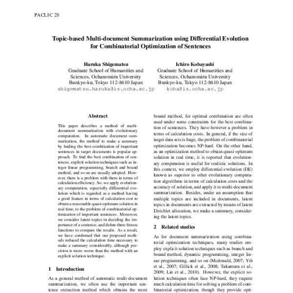 Topic based Multi document Summarization Using Differential Evolution 