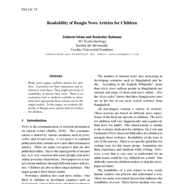 Readability of Bangla News Articles for Children - ACL Anthology