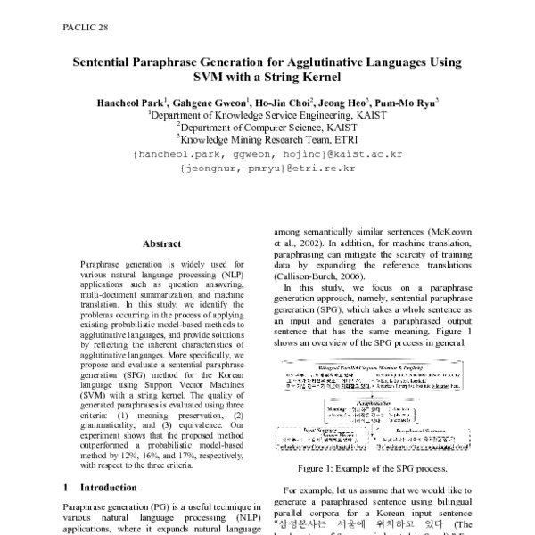 Sentential Paraphrase Generation for Agglutinative Languages Using SVM with a String Kernel ...