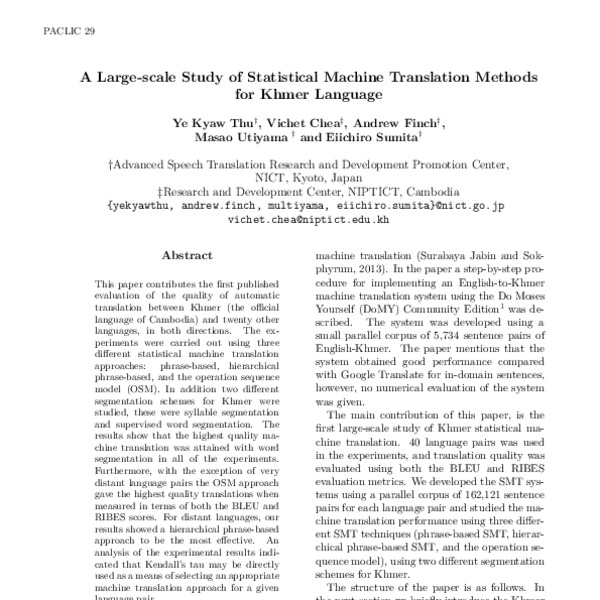A Large-scale Study of Statistical Machine Translation Methods for ...