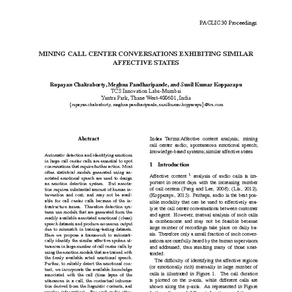 Mining Call Center Conversations Exhibiting Similar Affective States