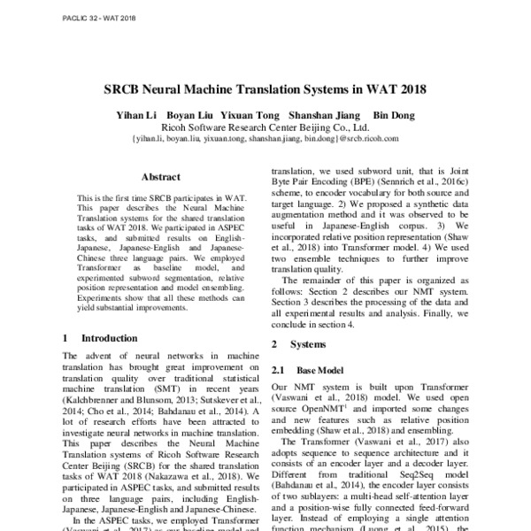 SRCB Neural Machine Translation Systems in WAT 2018 - ACL Anthology