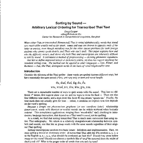 Sorting by Sound : Arbitrary Lexical Ordering for Transcribed Thai Text ...