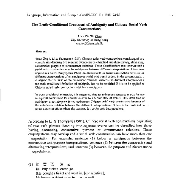 The Truth Conditional Treatment Of Ambiguity And Chinese Serial Verb Constructions Acl Anthology