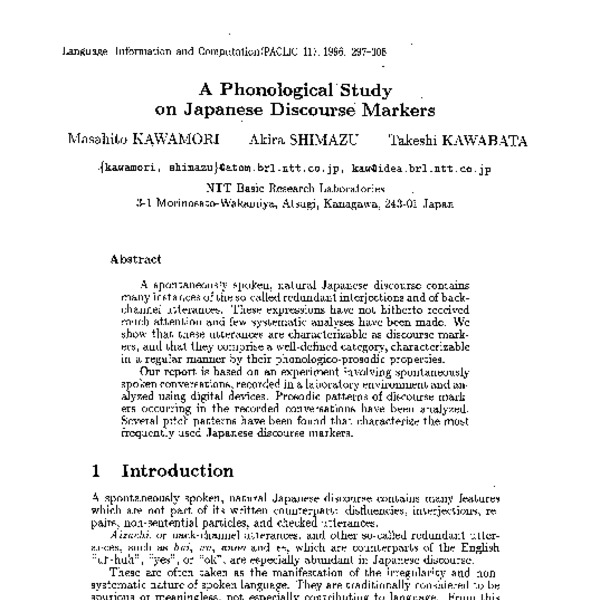 A Phonological Study on Japanese Discourse Markers - ACL Anthology